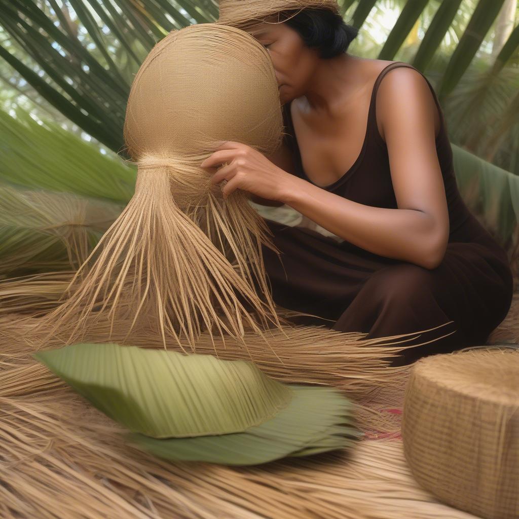 A woman skillfully weaving a coconut leaf hat, demonstrating the intricate hand movements and traditional techniques involved.