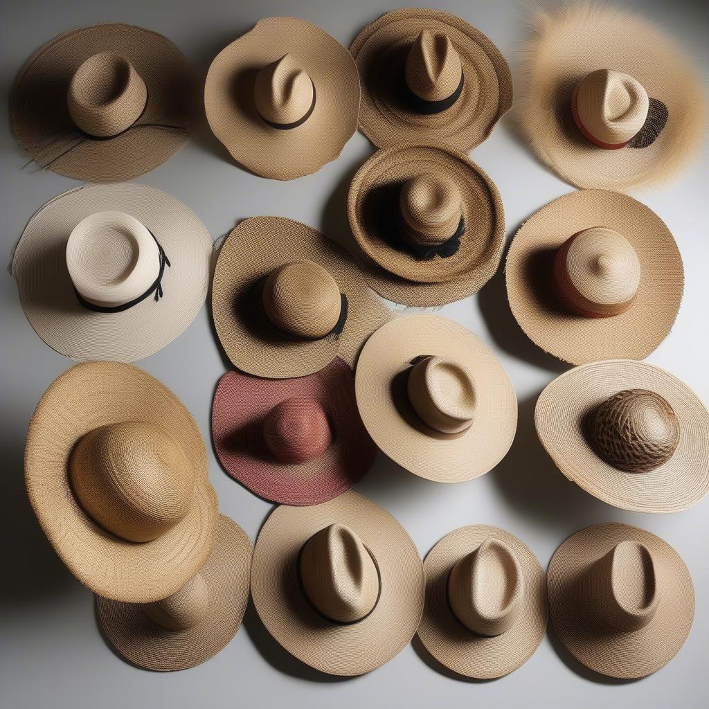 A diverse collection of reed woven hats, showcasing various shapes, sizes, and weaving patterns.