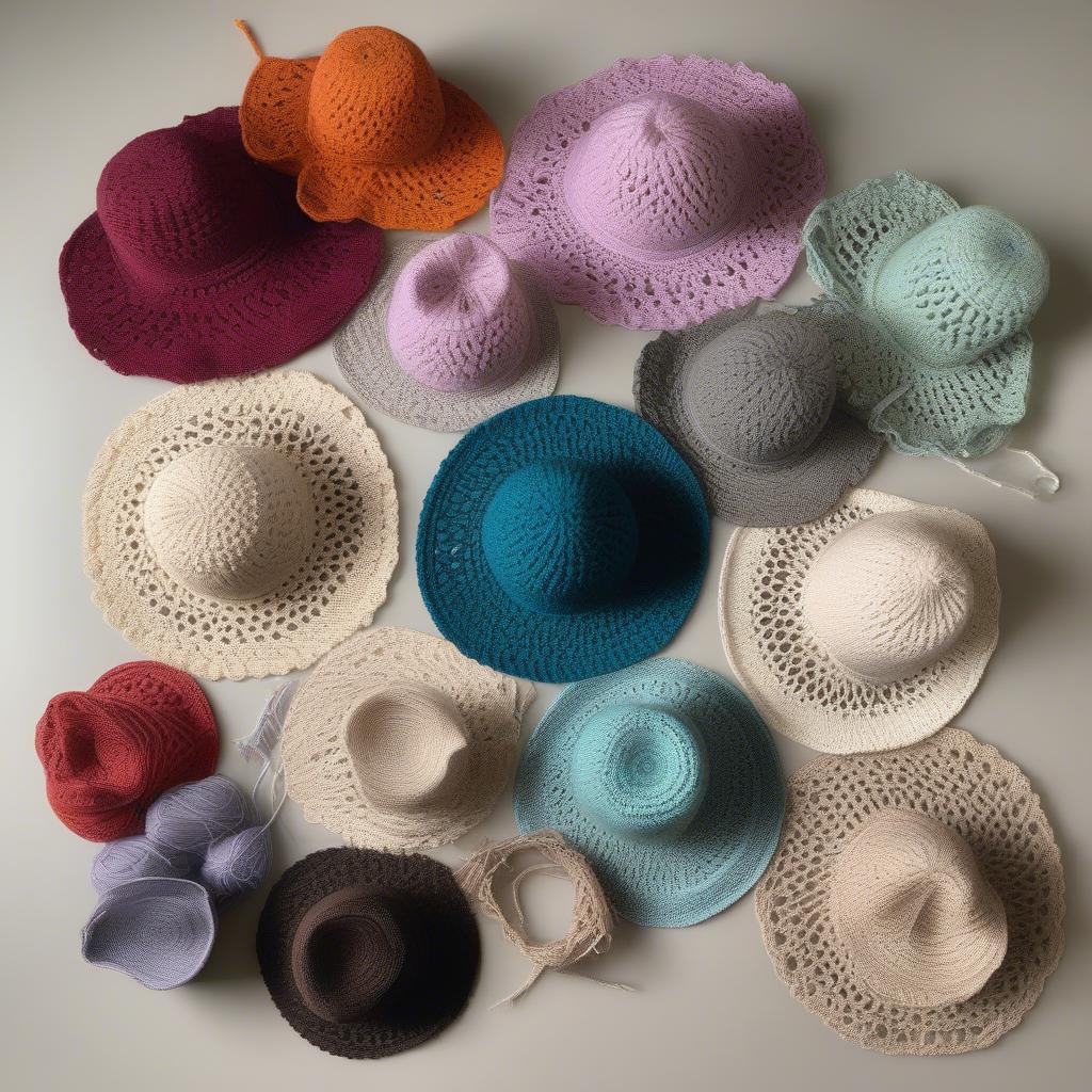 A variety of finished open weave crochet hats in different colors and styles.