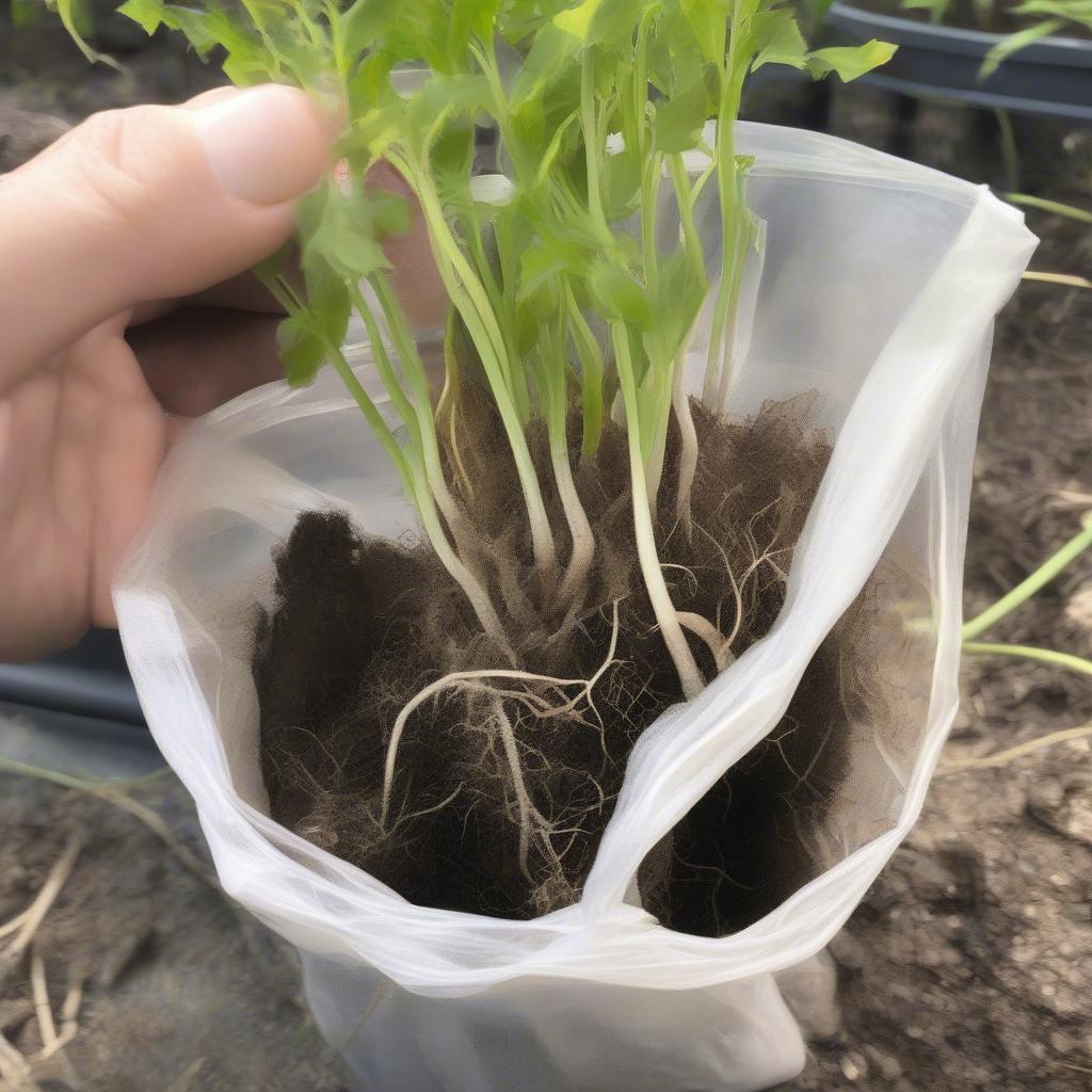 Comparison of seedling roots in plastic vs. non-woven bags