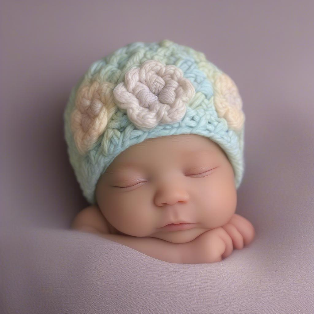 A finished basket weave crochet newborn hat.