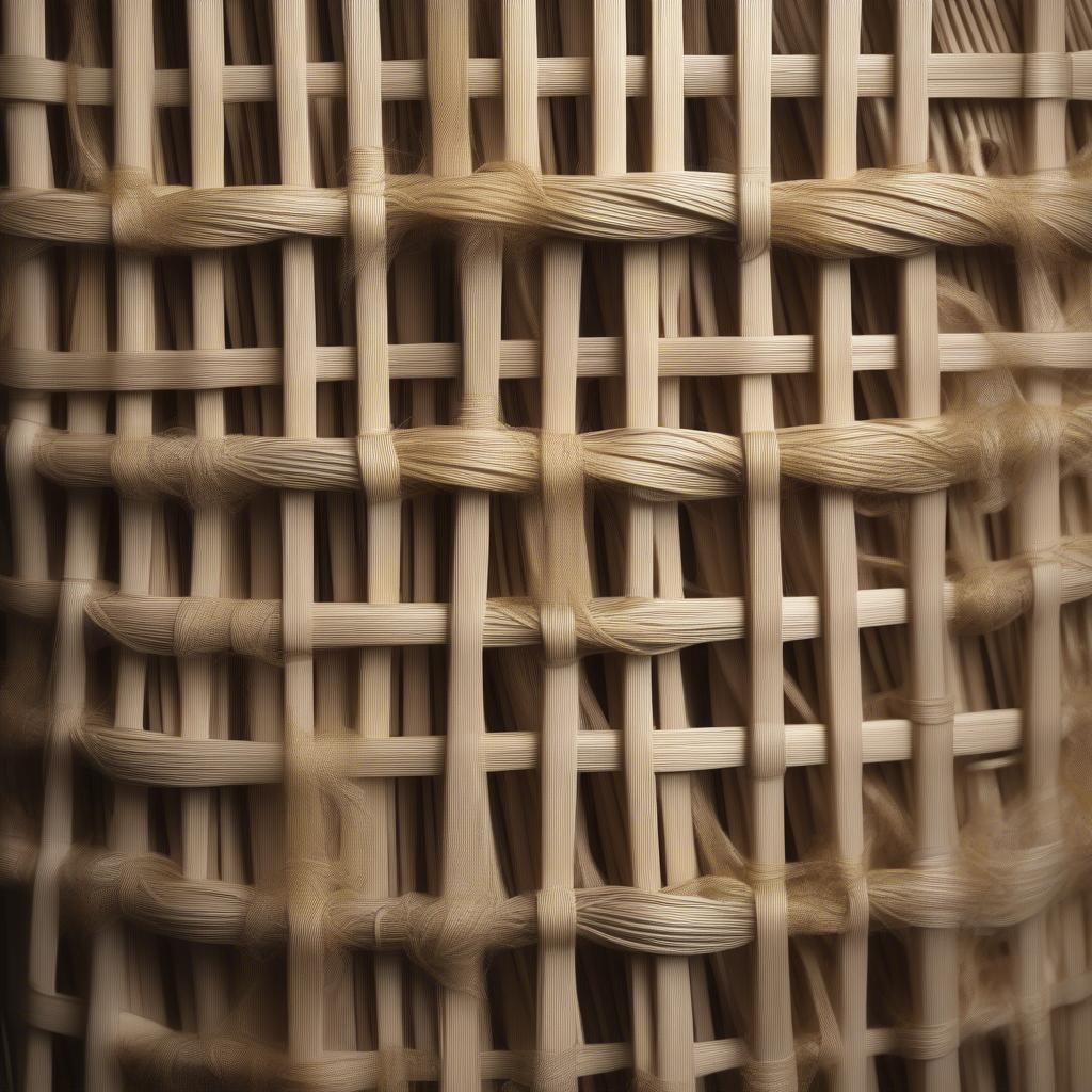 Close-up view of the hands weaving reed to create a pattern on a chair seat.