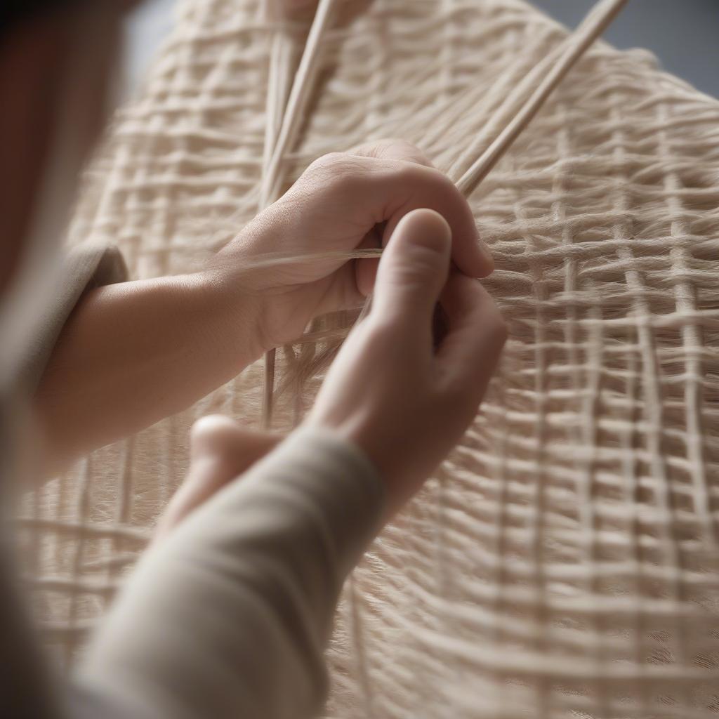 Weaving the cross pattern on the chair seat