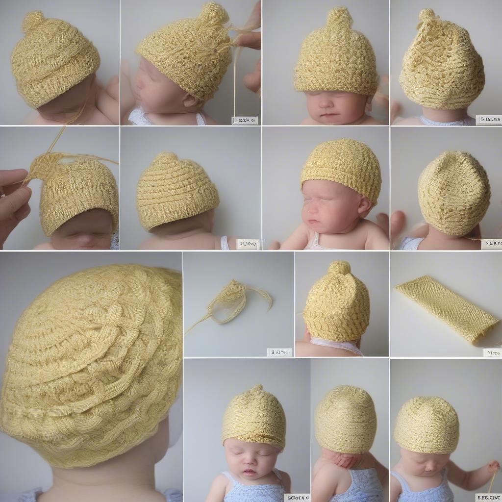 Step-by-step visual guide for crocheting a basket weave baby hat, showing each stage of the process from creating the foundation chain to fastening off.