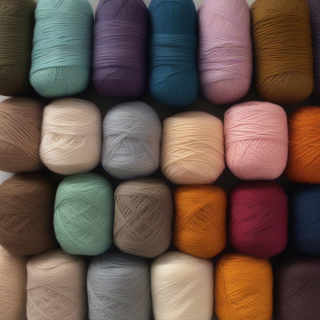 Variety of yarn skeins in different colors and textures, suitable for crochet projects.