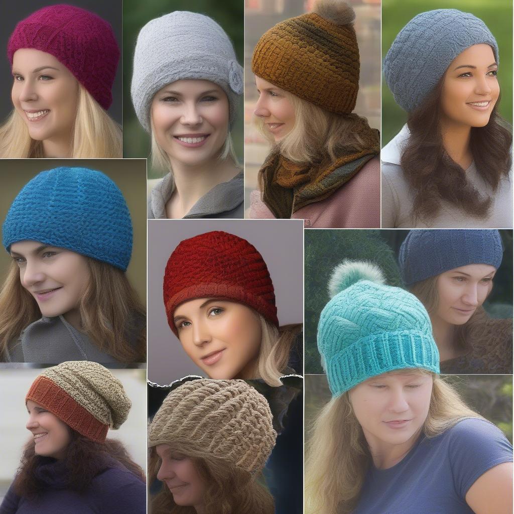 Different styles and variations of crochet basket weave hats.