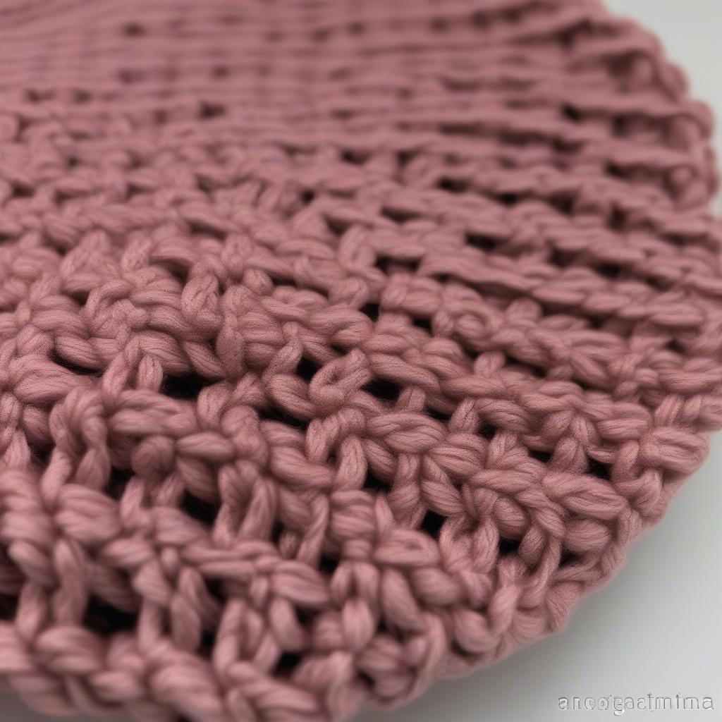 Close-up of a crochet cupcake hat with a basket weave band