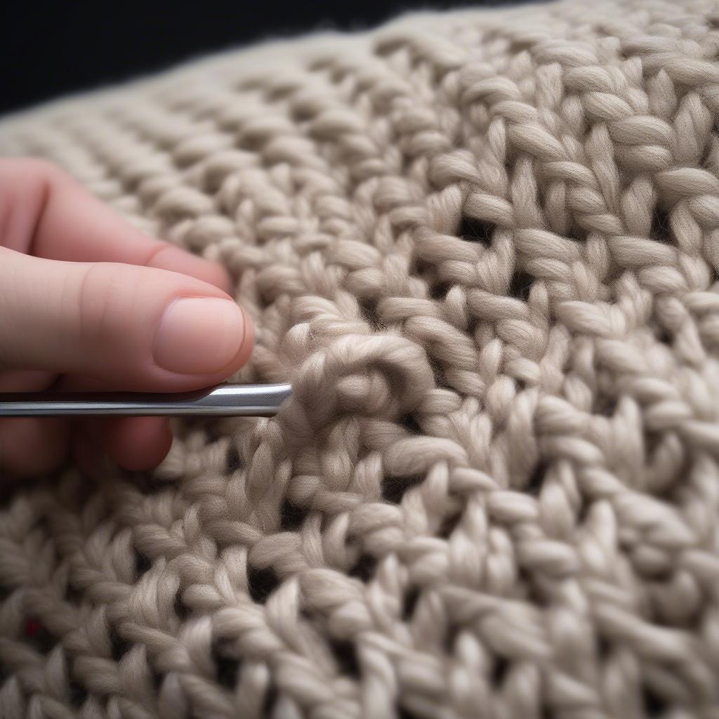 Crochet hook and yarn in the process of creating a basket weave stitch