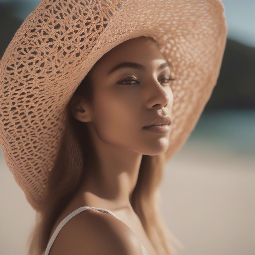 Close-up of a woman wearing a stylish crochet weave floppy hat