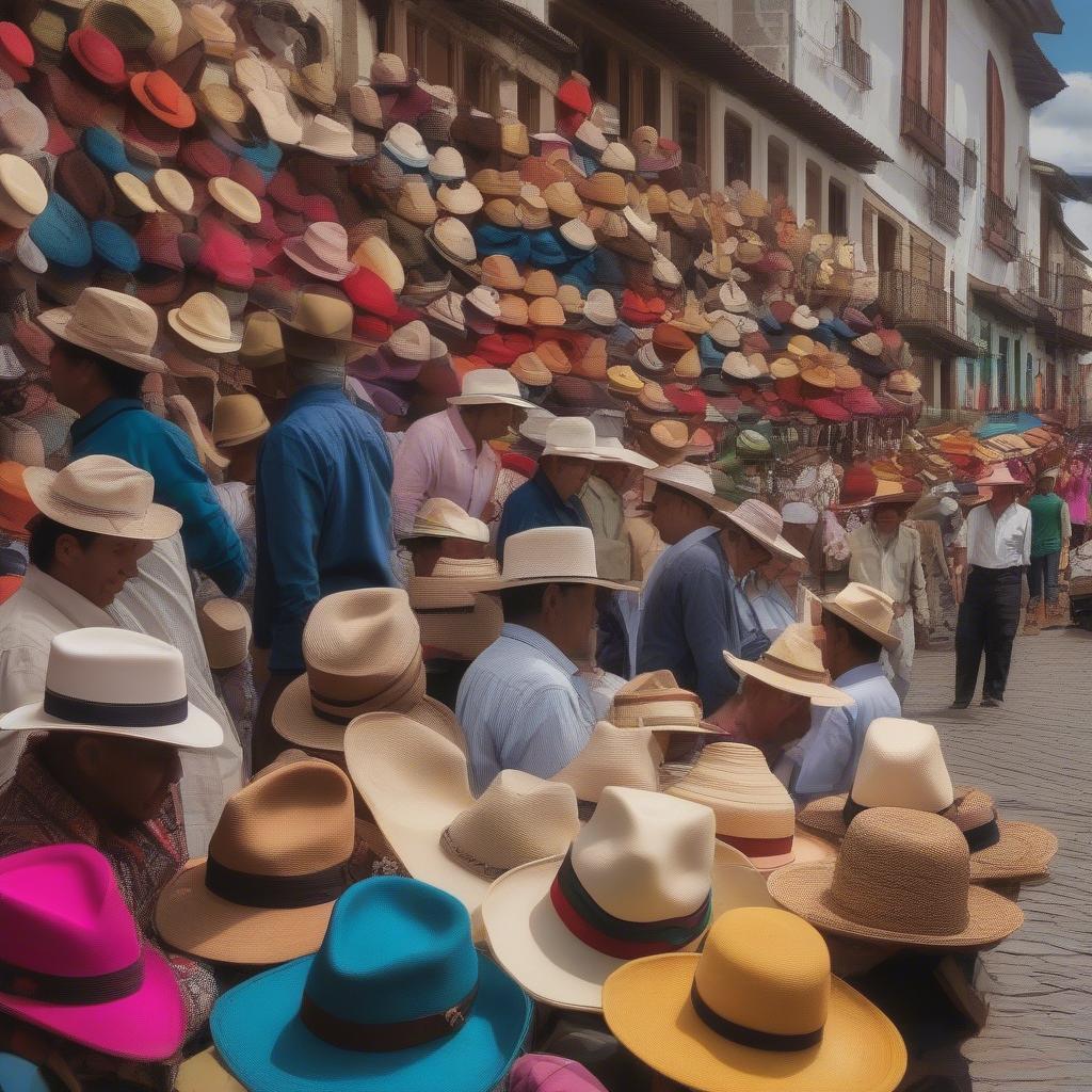 A bustling market scene in Cuenca, Ecuador, with vendors selling a variety of Panama hats.