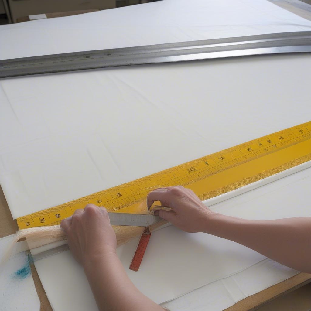 Cutting painters tarp into strips for weaving a chair seat.