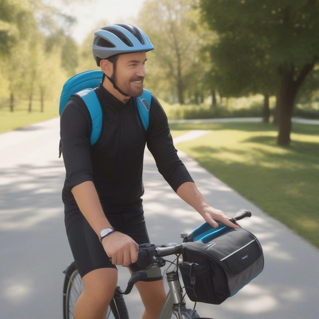 Cyclist using the Huffy Handlebar Cooler Bag while riding