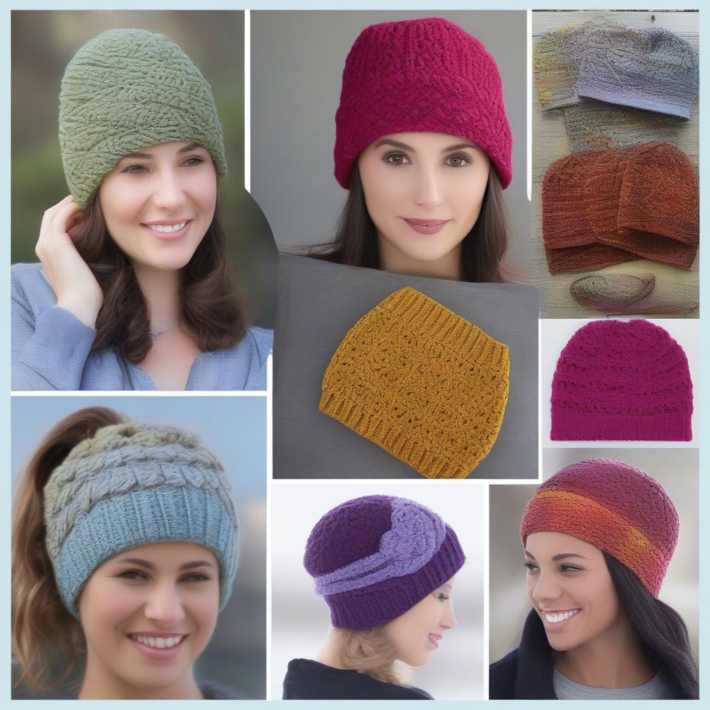 Various styles of crochet basket weave hats, including beanies, slouchy hats, and messy bun hats.