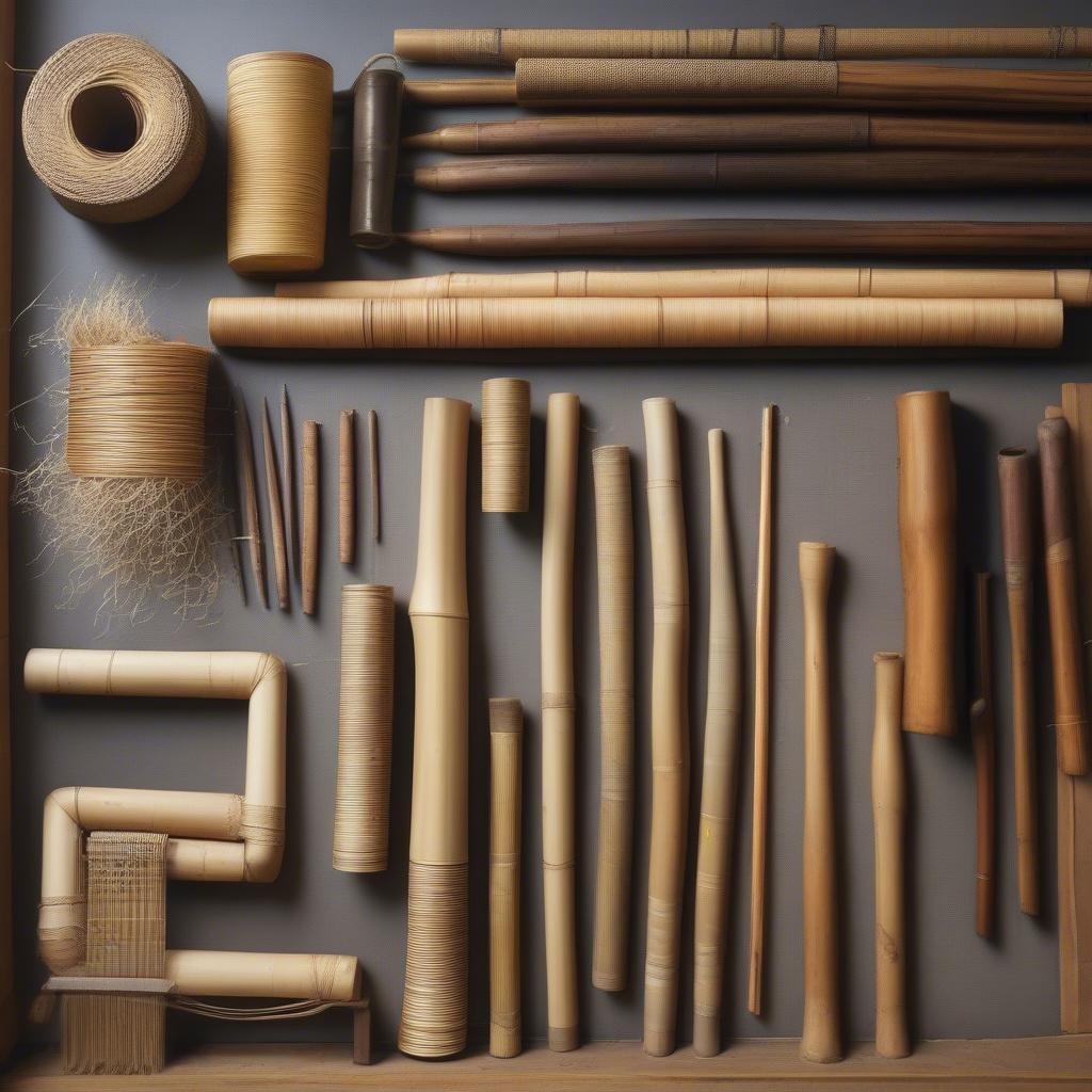 Various types of cane used in chair weaving displayed on a workbench