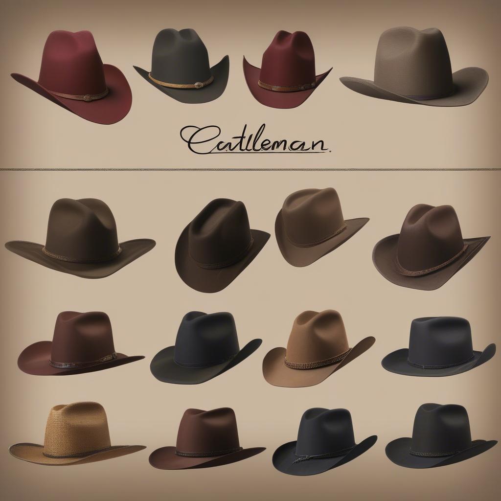 Various crown shapes of western hats: Cattleman, Gambler, Teardrop