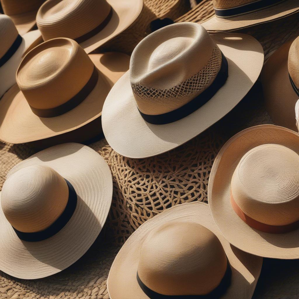 Close-up of various open weave straw hats