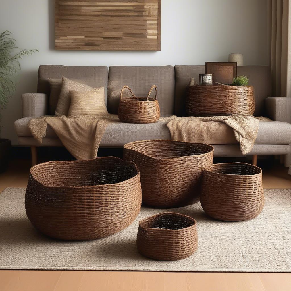 Various sizes of large brown crazy weave baskets displayed in a room setting.