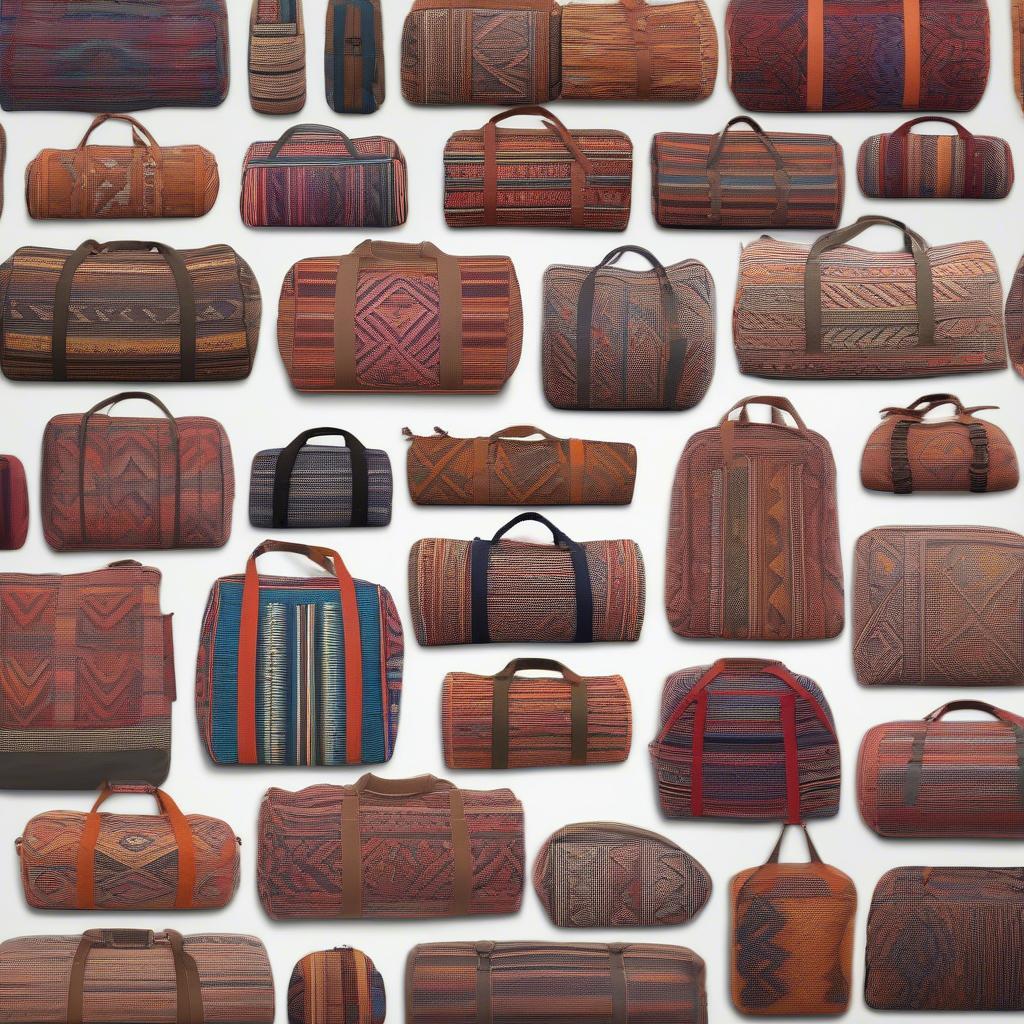 Various sizes of woven Aztec duffle bags displayed together, showcasing different options for travel needs