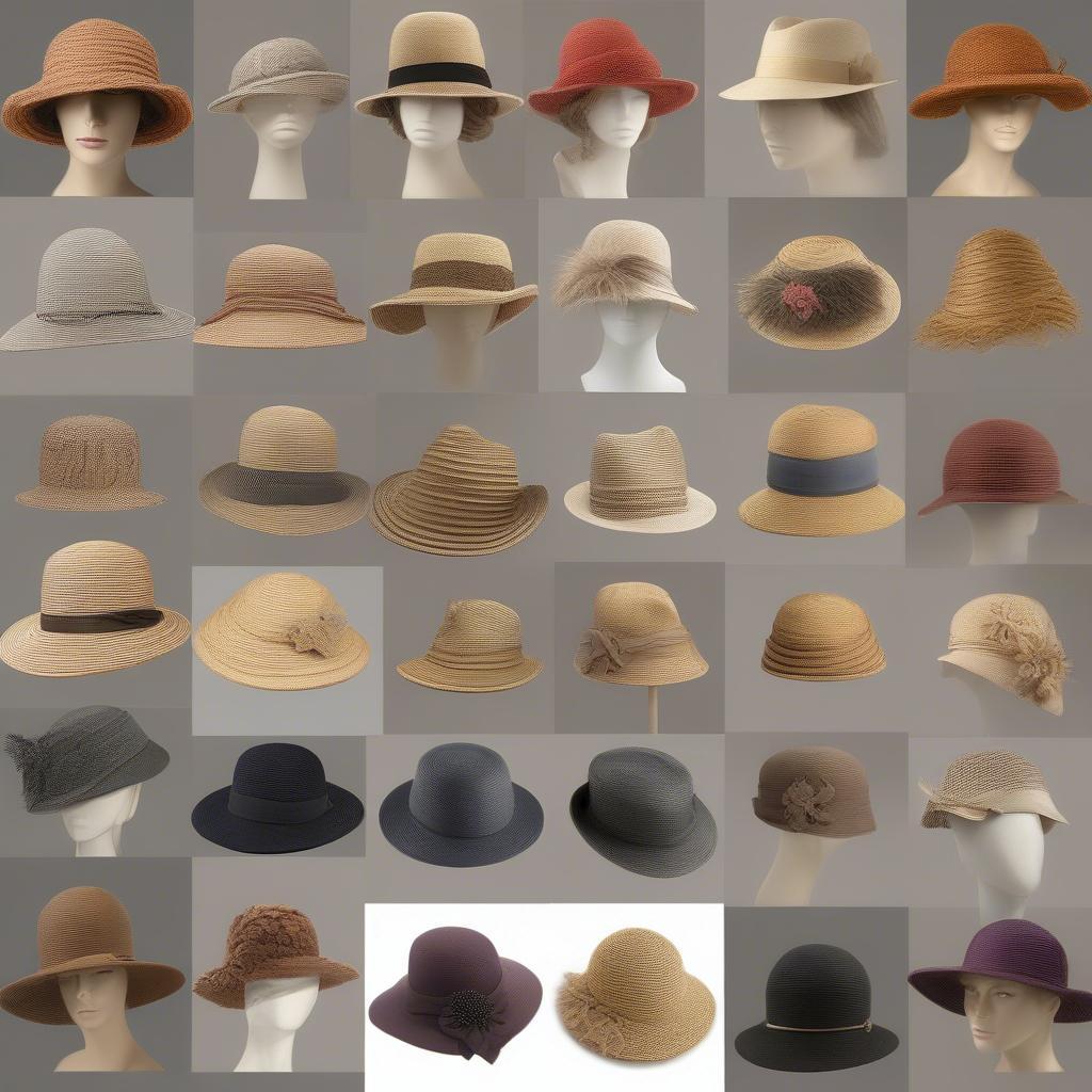 Variety of basket weave hats in different shapes, sizes and materials.