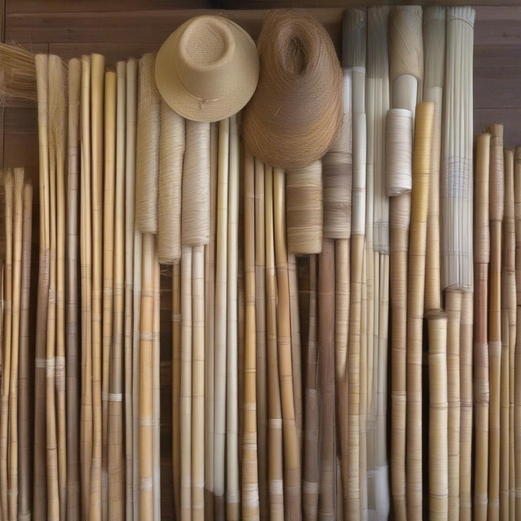 Various types of reeds commonly used in hat weaving, displaying their different textures and colors.