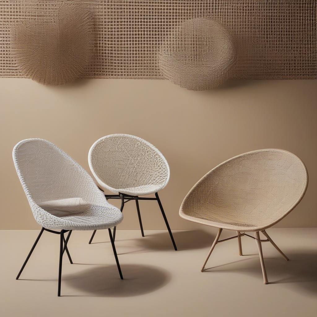 Different weave patterns for plastic chairs displayed side by side