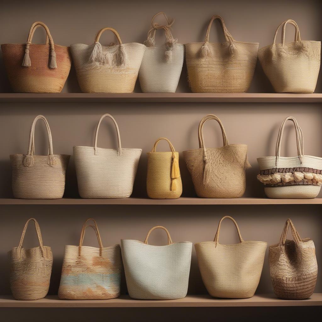 Close-up of different weaving patterns on several straw beach bags, showcasing various textures and craftsmanship.