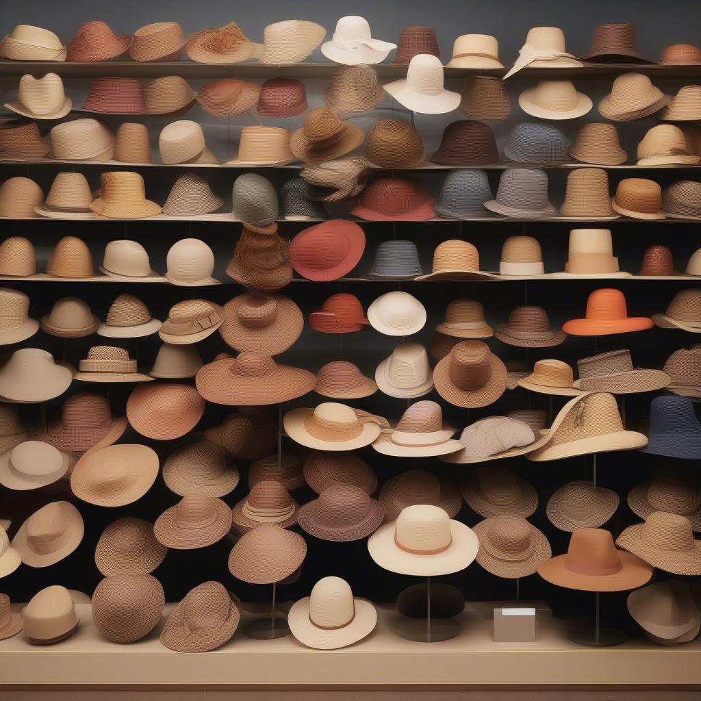 Various styles of woven hats showcased in a display.