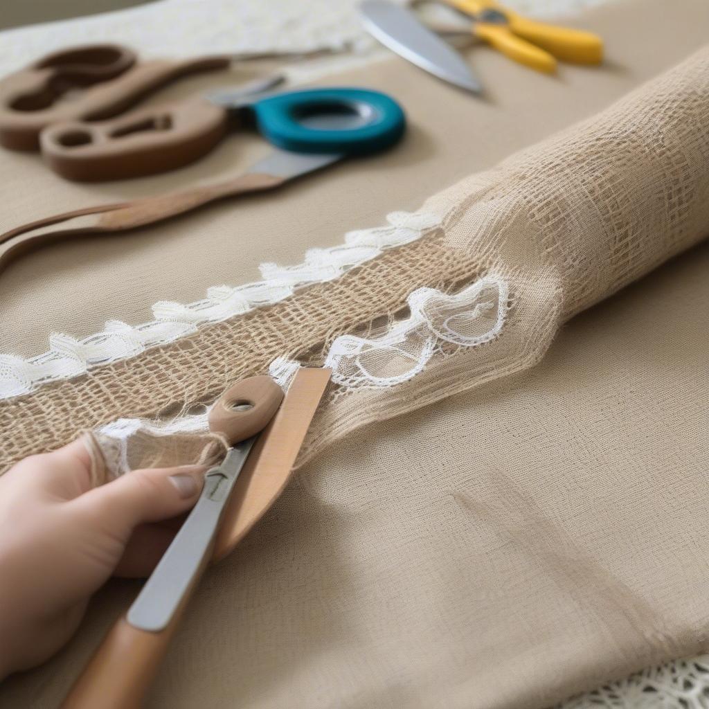 DIY Open Weave Burlap Table Runner with Lace