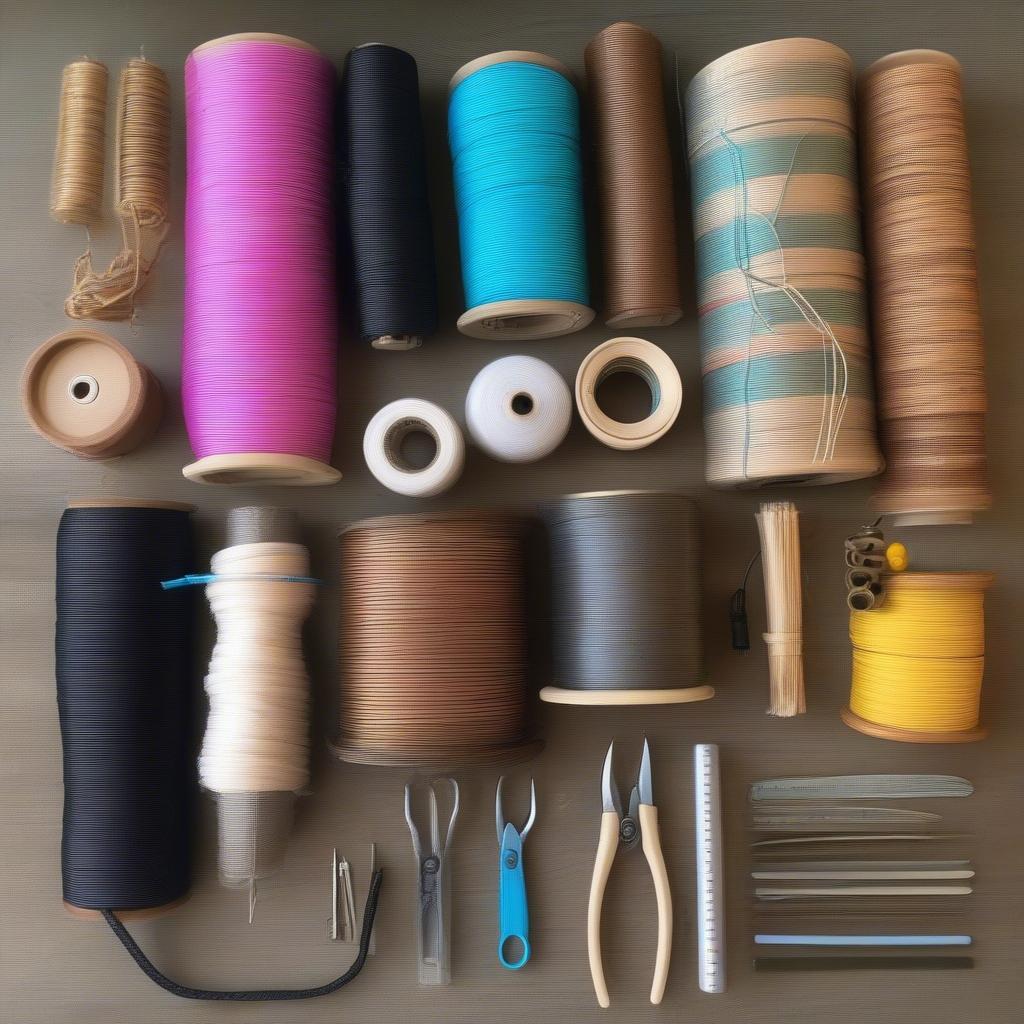 DIY Outdoor Chair Weaving Materials: Various materials laid out on a table, including wicker, rattan, paracord, and weaving tools.