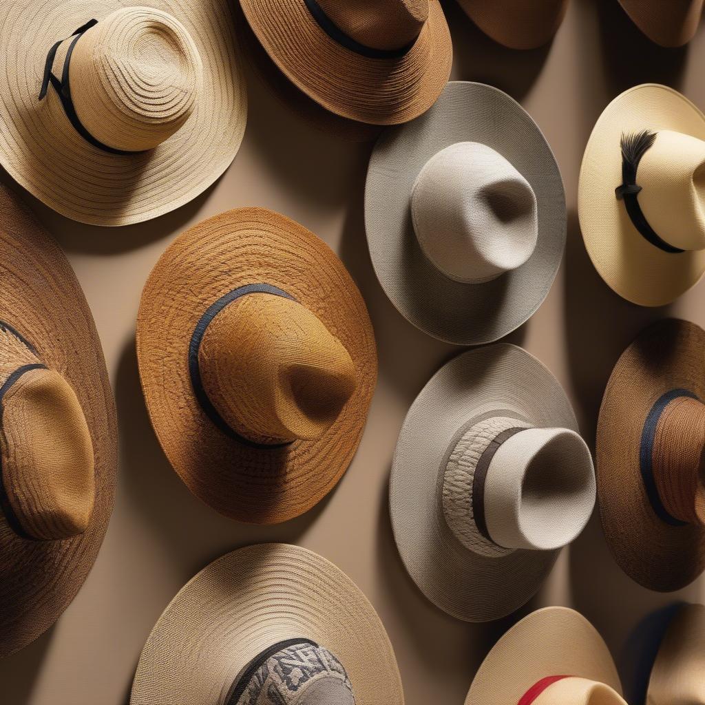 Close-up of intricately woven dream weaver hats showcasing various patterns and materials