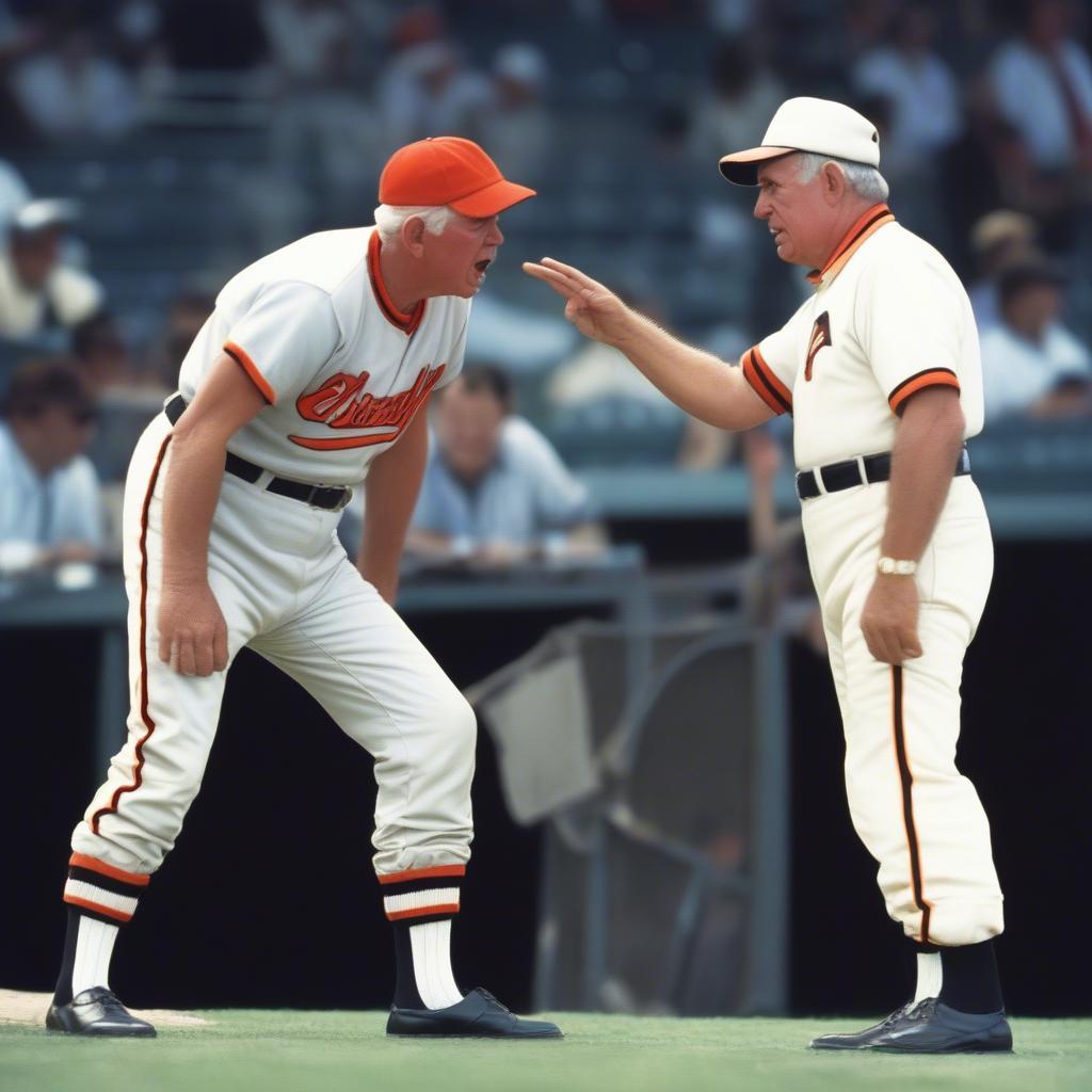 Earl Weaver arguing with an umpire, hat backwards