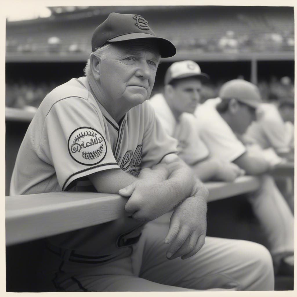 Earl Weaver in the dugout with his hat on backwards