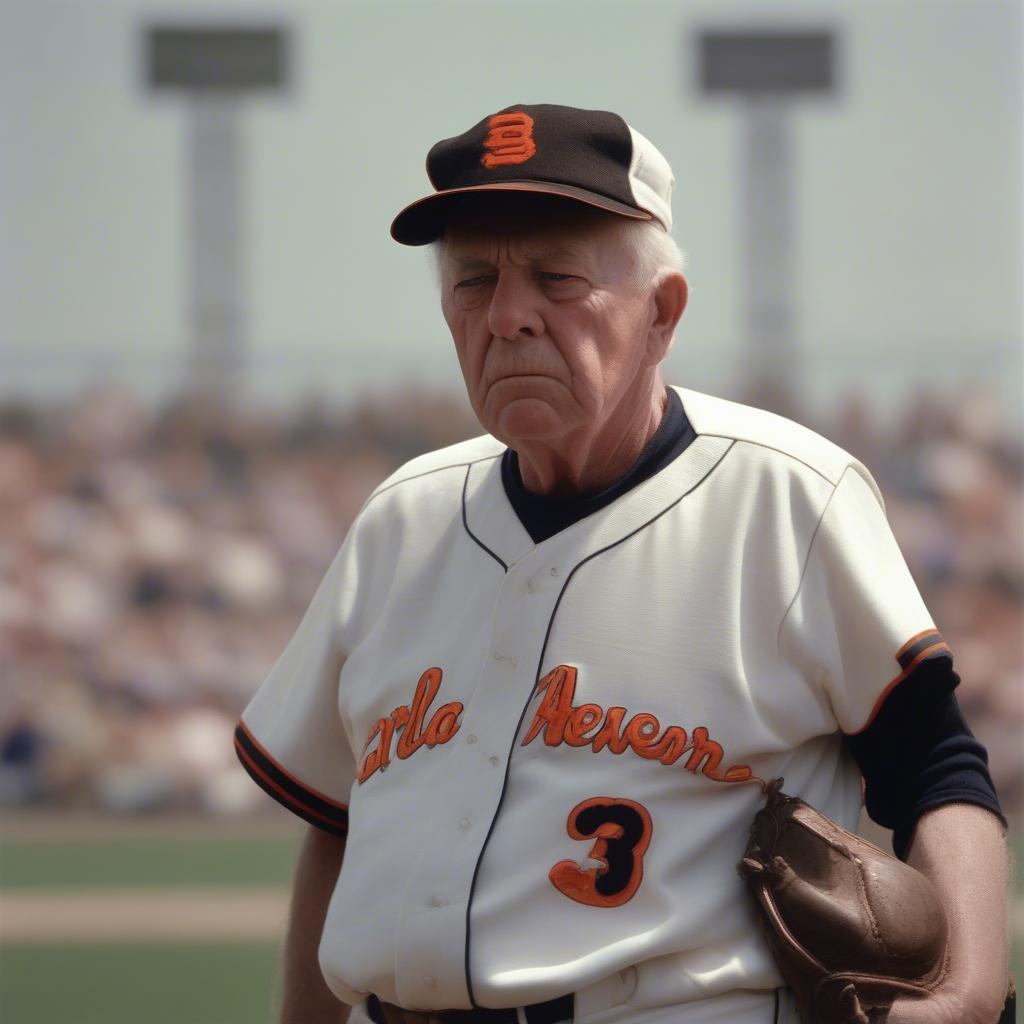 Earl Weaver turning his hat during a game.