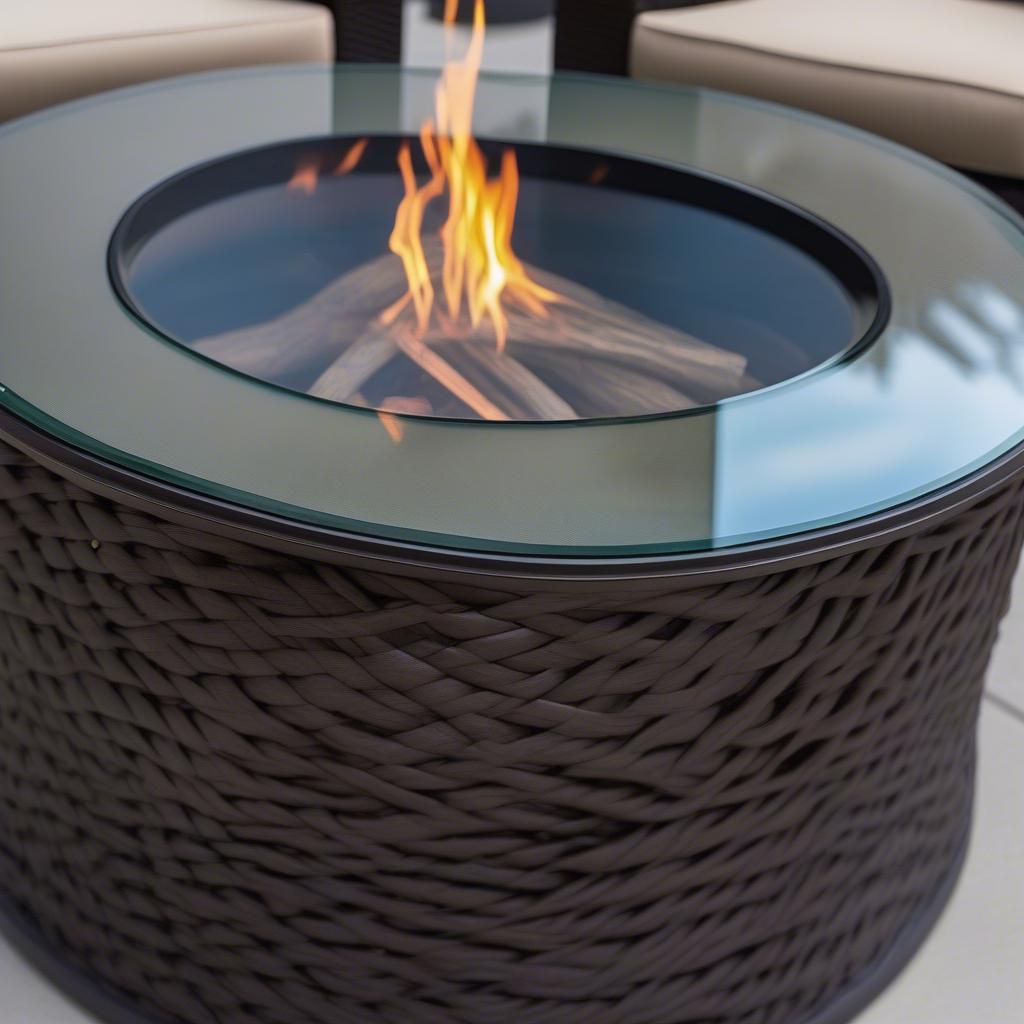 Close-up view of the Elements 72" fire table, highlighting the woven wicker base and the tempered glass tabletop.