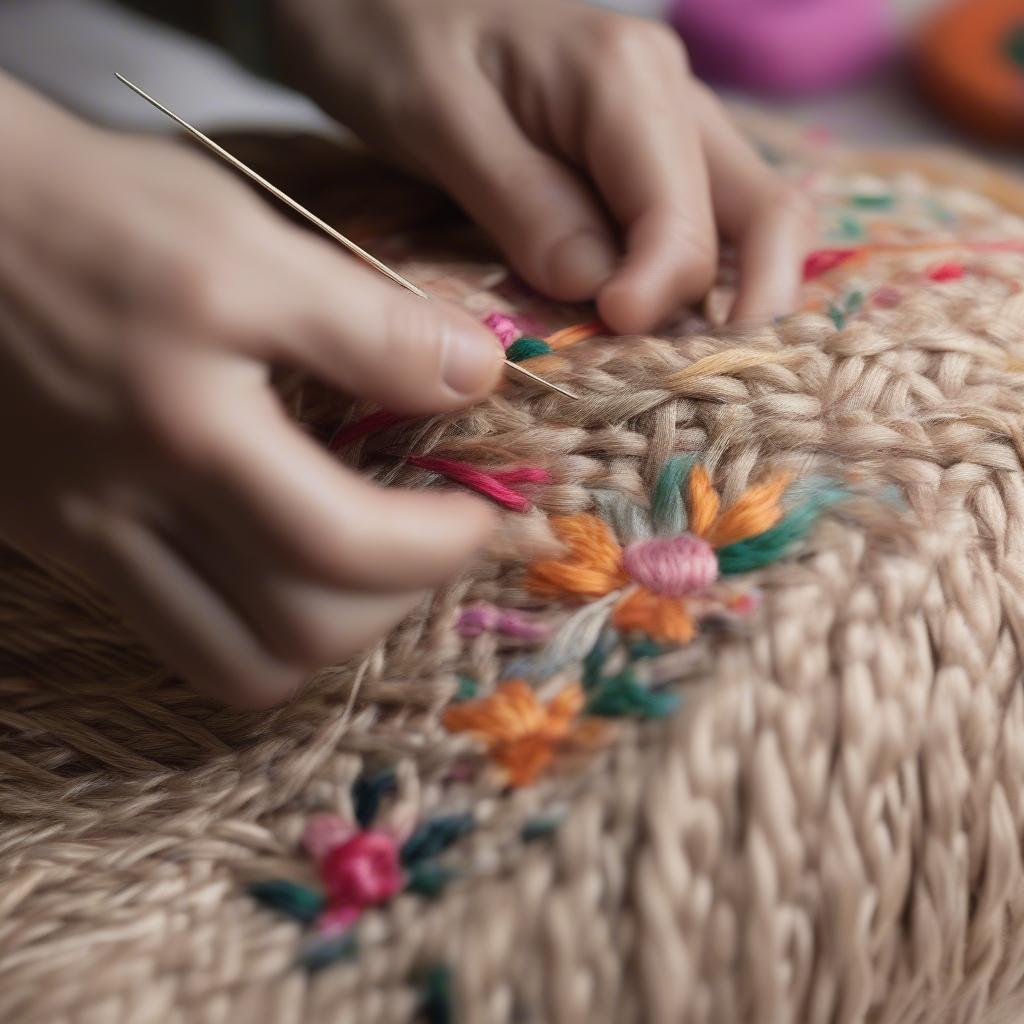 Close-up of embroidering a basket weave hat with colorful thread