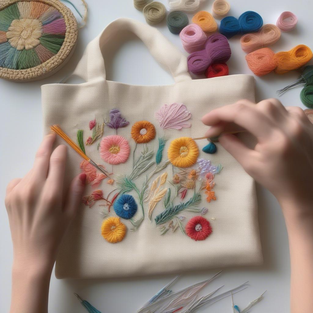 Embroidering a Floral Design onto a Woven Tote Bag