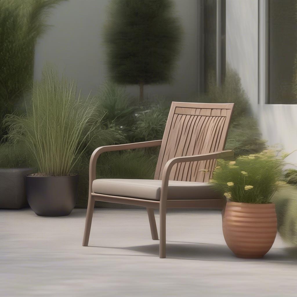 Eric Trine Rod and Weave chair placed in an outdoor patio setting, showcasing its versatility and weather-resistant materials.