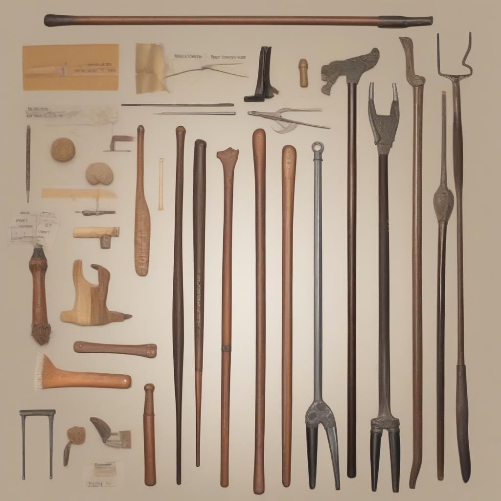 A collection of tools used in cane chair weaving, including a cane weaving knife, spline cutter, mallet, screwdriver, and pliers.