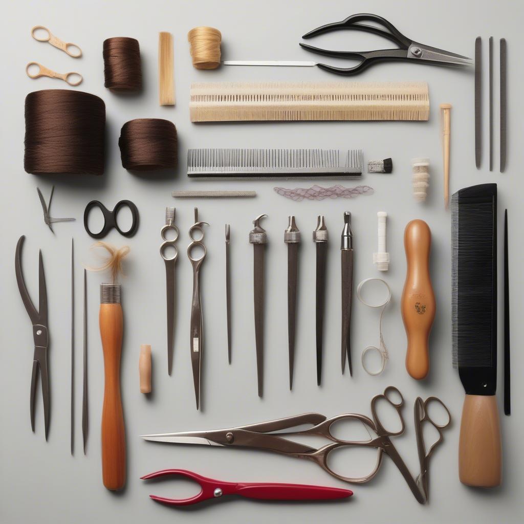 Essential tools for weaving hair on a table.