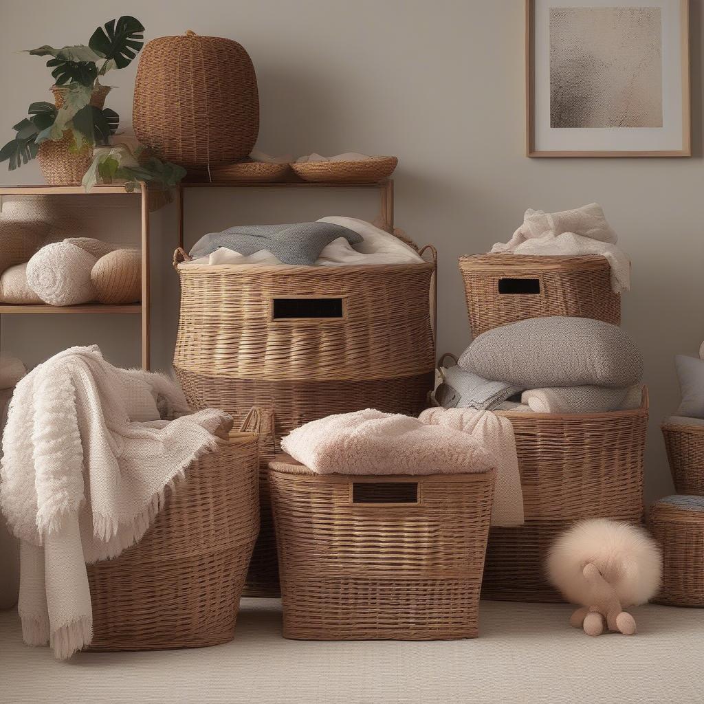 Extra large wicker baskets provide ample storage space for blankets, pillows, and other household items.