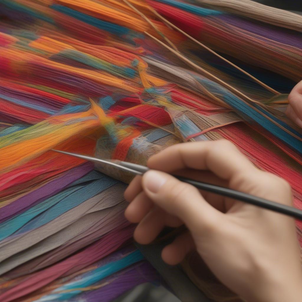 The process of fabric weaving a cane chair, showing hands intricately working with fabric strips on a chair frame.