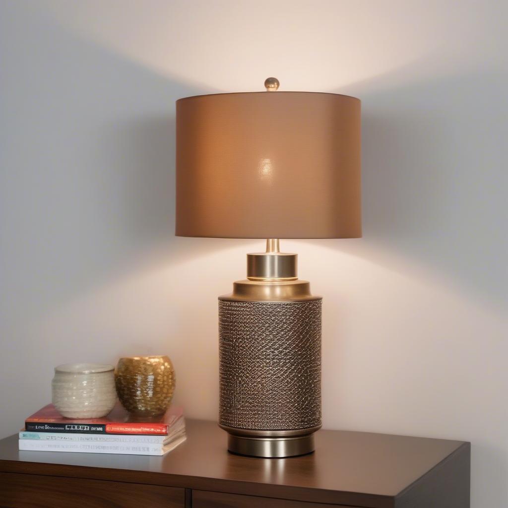 The Fangio Lighting Moroccan Weave Lamp placed on a side table in a contemporary living room setting, demonstrating its versatility in home decor.