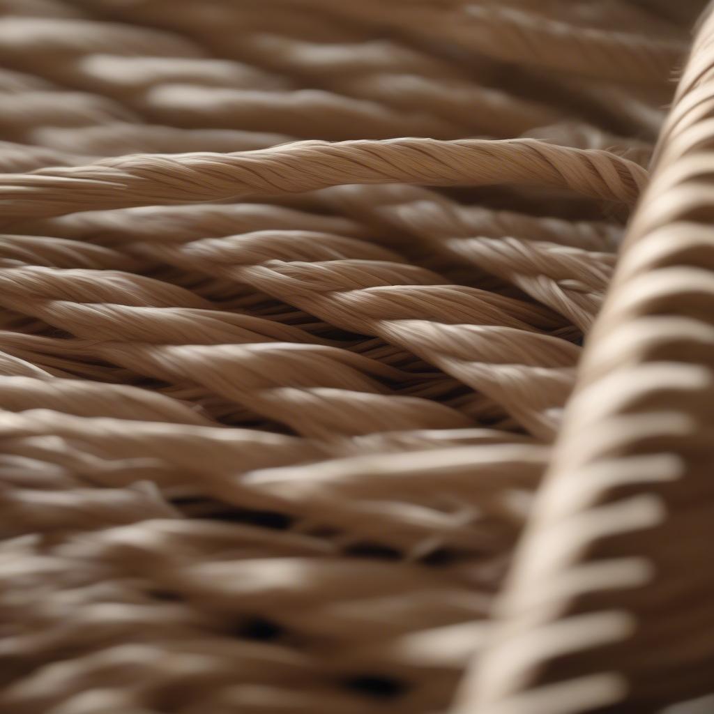 Close-up view of fiber rush being woven onto a chair seat