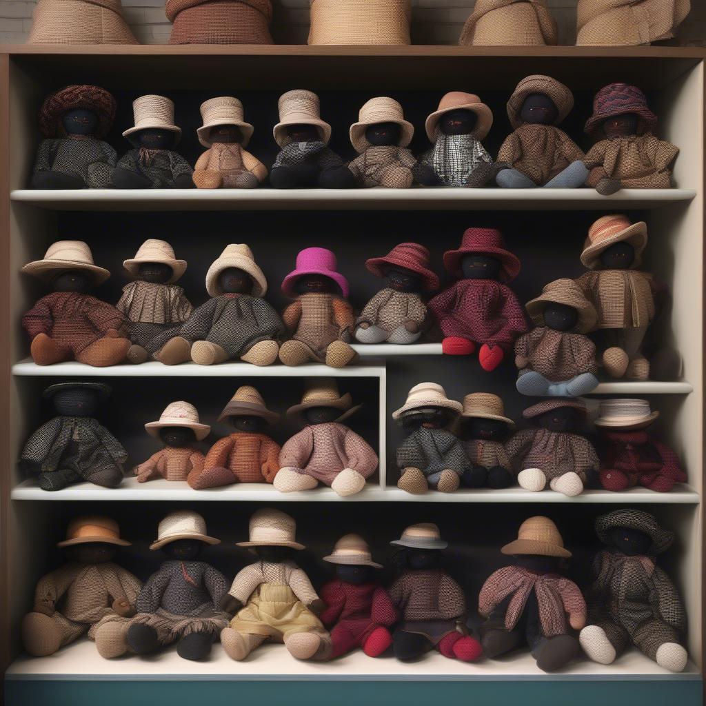 Various black male rag dolls with different basket weave hats displayed at a craft fair, showcasing the diversity in style and craftsmanship.