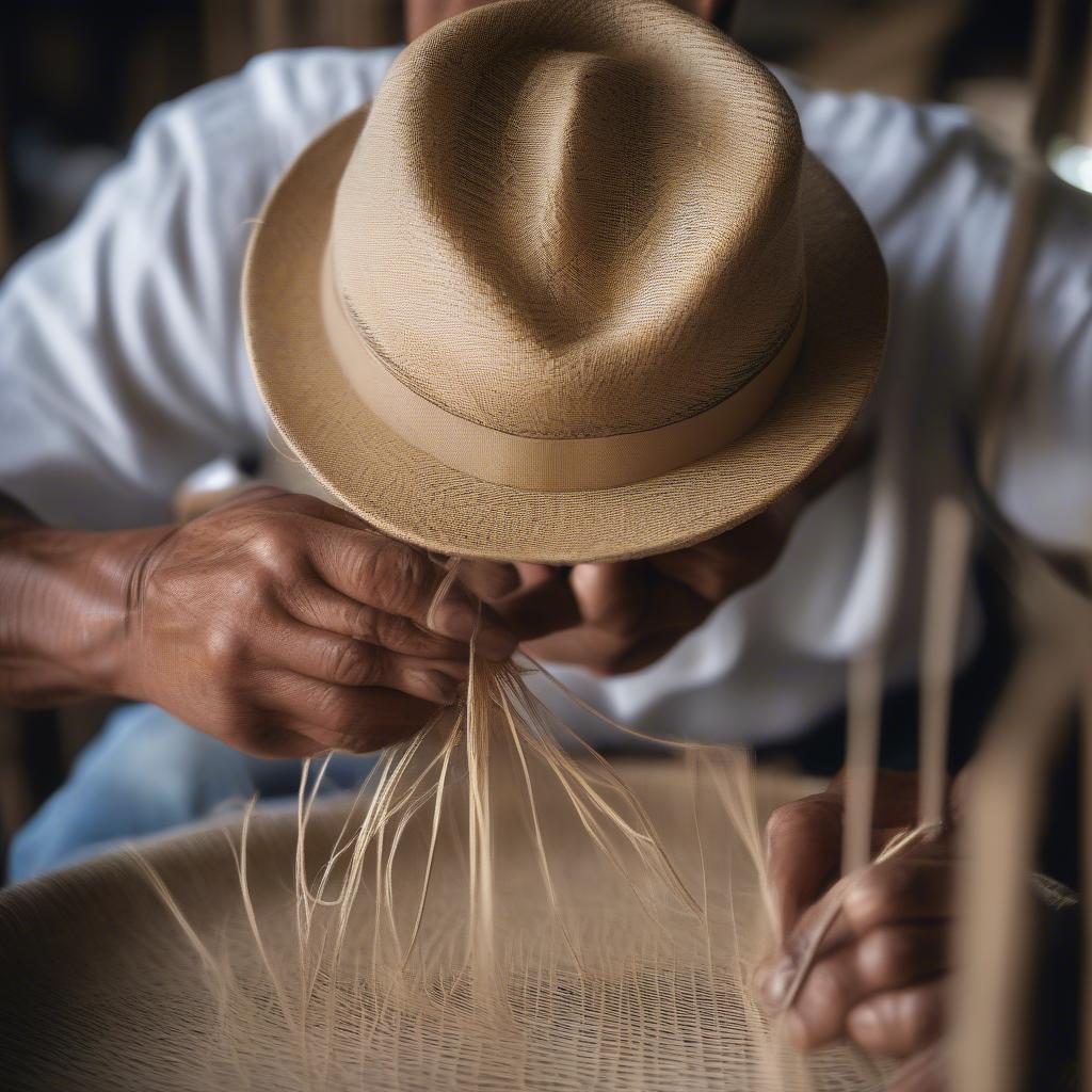 Close-up of a weaver's hands meticulously crafting a finest weave panama hat in Ecuador, showcasing the intricate detail and craftsmanship.