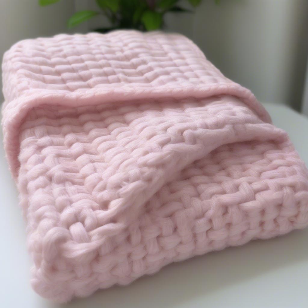 A completed basket weave baby blanket laid out on a soft surface.