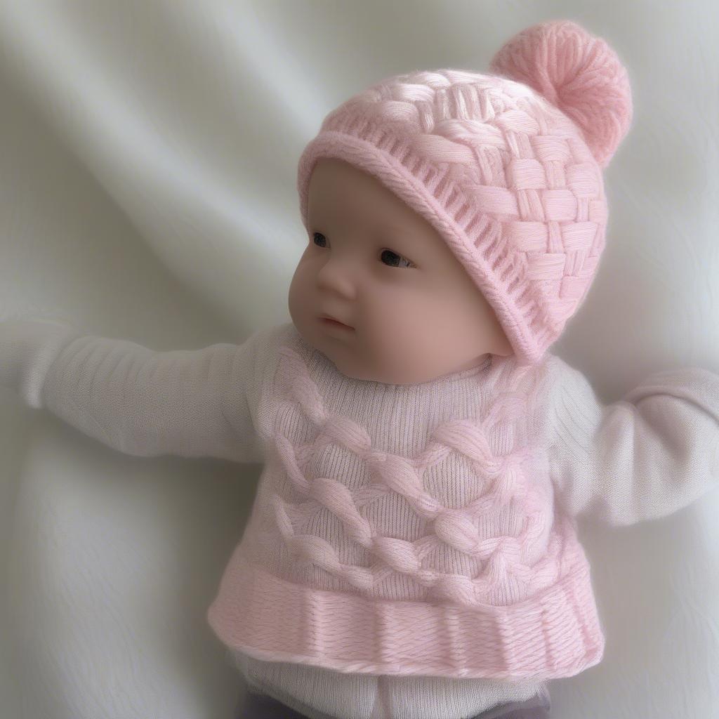 A completed basket weave baby hat in a soft pink color