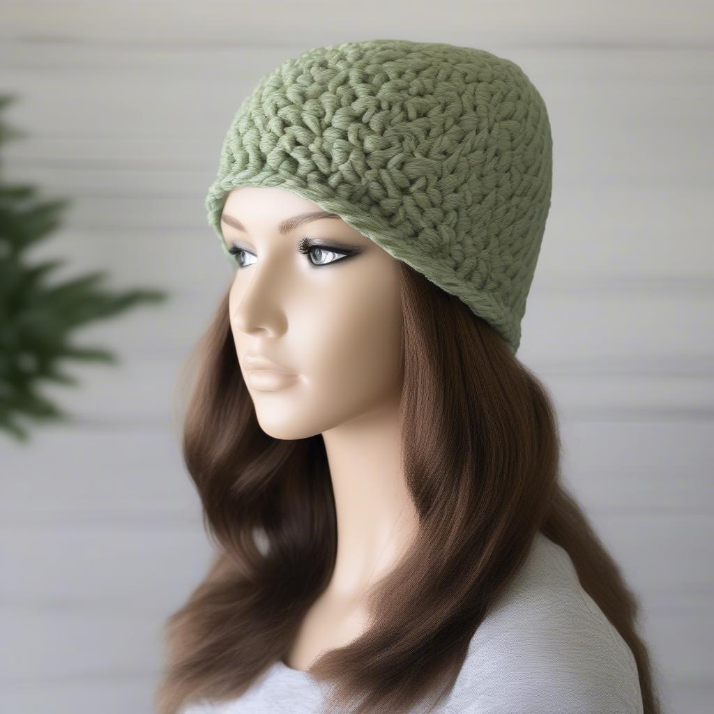 A completed crochet basket weave beanie displayed on a mannequin head.