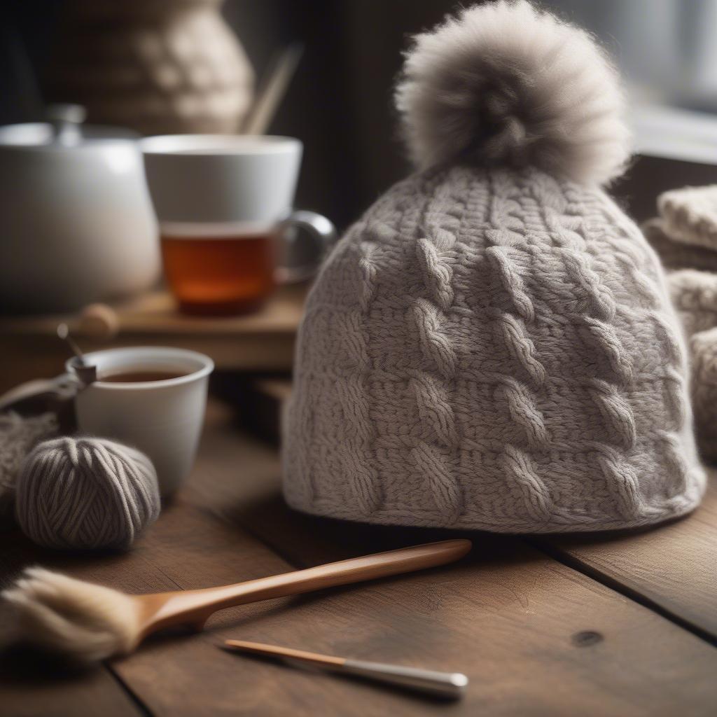 A finished basket weave crochet hat displayed on a wooden table.