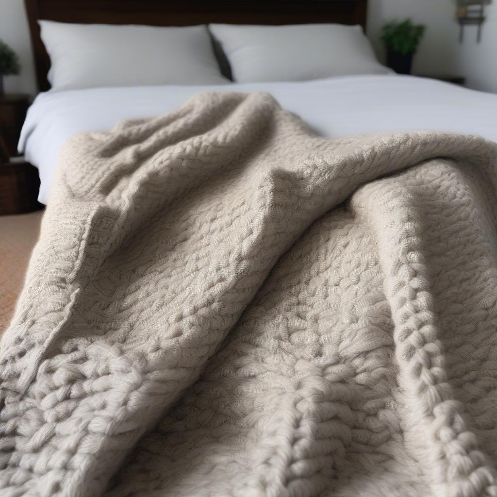 A completed basket weave knit blanket, showcasing the overall design and texture.